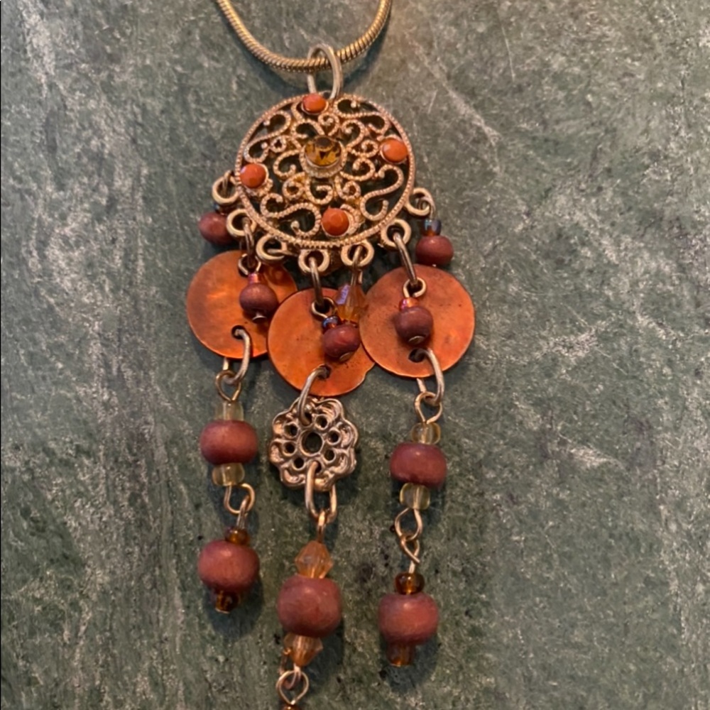Coral beans dangle pendant antique gold tone chain